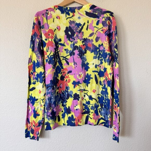 LOFT Womens Floral Cotton Sweater Cardigan V Neck Yellow Pink Petite Size LP - Picture 2 of 7